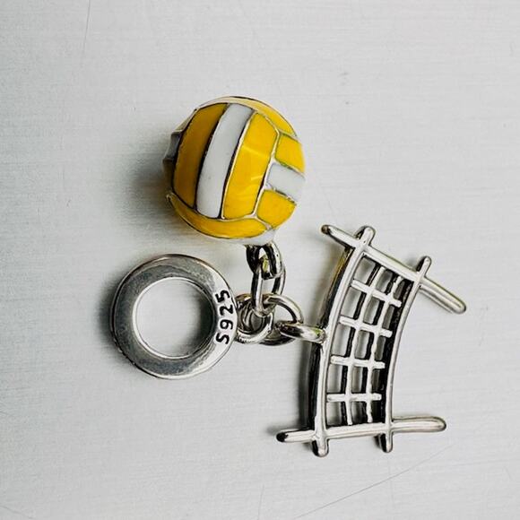 NEW Volleyball & Net Dangle Charm Pendant 925 Sterling Silver - Picture 2 of 5